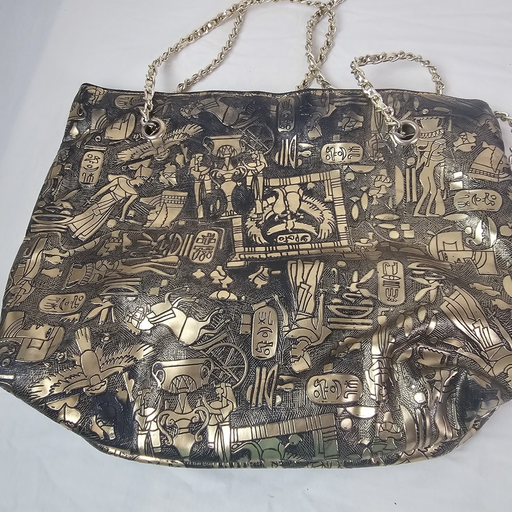 Vintage Gold Black Egyptian Design Scene Gold Chain Purse Bag Handbag Shoulder - Picture 4 of 7